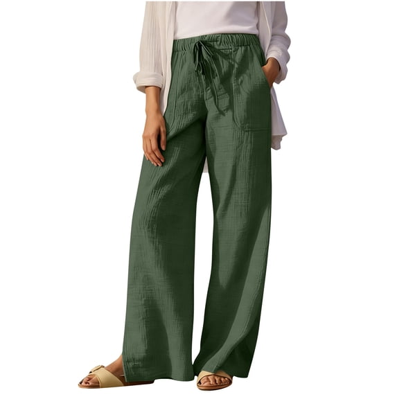 RQYYD Women's Linen Wide Leg Pants Elastic High Waist Drawstring Casual Summer Beach Trousers with Pockets