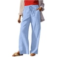 thumbnail image 1 of RQYYD Women's Linen Wide Leg Pants Elastic High Waist Drawstring Casual Summer Beach Trousers with Pockets, 1 of 6