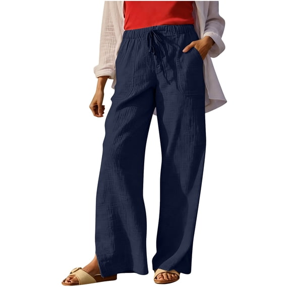 RQYYD Women's Linen Wide Leg Pants Elastic High Waist Drawstring Casual Summer Beach Trousers with Pockets