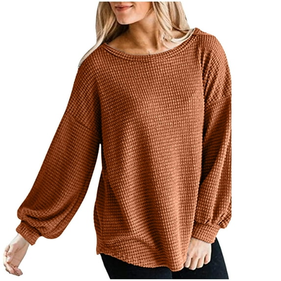 RQYYD Women's Long Sleeve Crew Neck Waffle Knit Blouse Shirts Casual Loose Oversized Pullover Sweater Jumper Tops