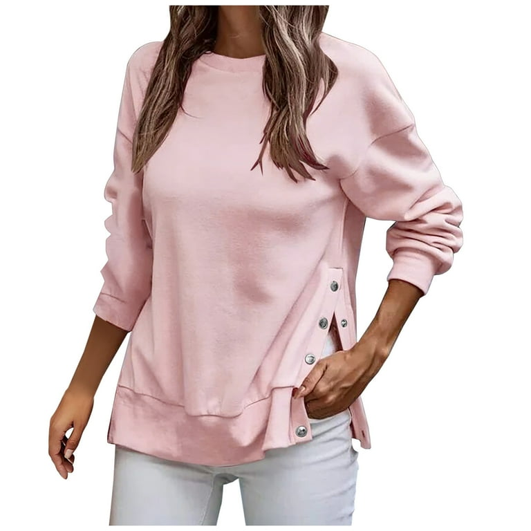 RQYYD Women s Long Sleeve Crewneck Sweatshirts Snap Button Split