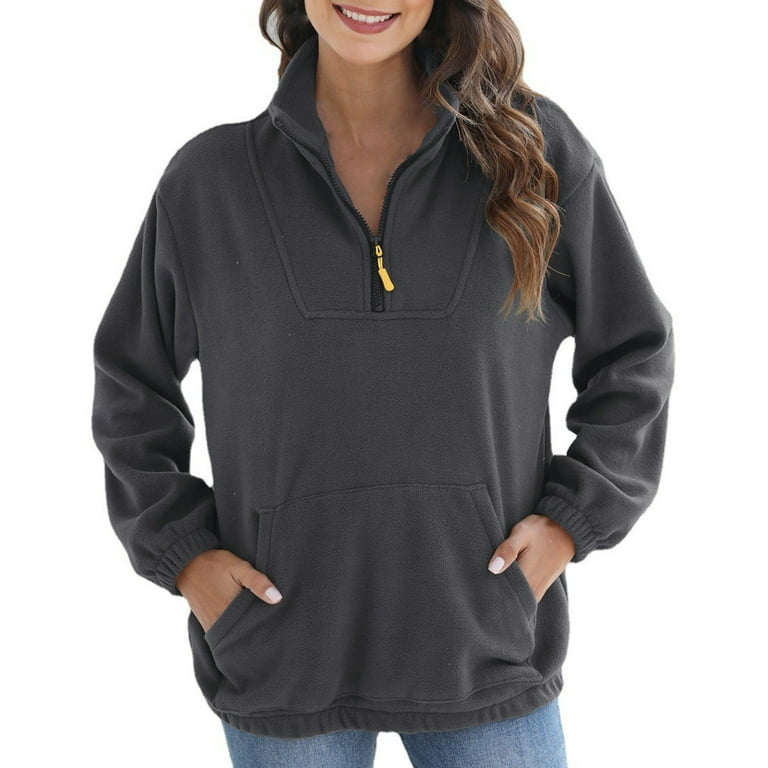 RQYYD Women\'s Long Casual 1/4 Pocket with Fleece Zipper Tops Loose Gray,S) (Dark kangaroo Sweatshirt Pullover Solid Sherpa Sleeve