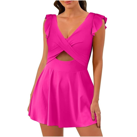 RQYYD Women's One Piece Swimdress Cutout Ruffled Tummy Control Skirt Swimsuit V Neck Criss Cross Bathing Suits 2024 Swimwear