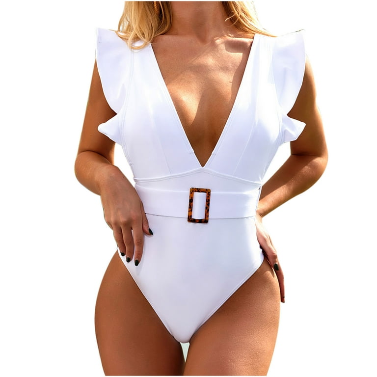 RQYYD Women's One Piece Swimsuit Ruffle Flounce Deep V Neck Strappy  Swimwear Bathing Suits Monokini with Belt(White,M)