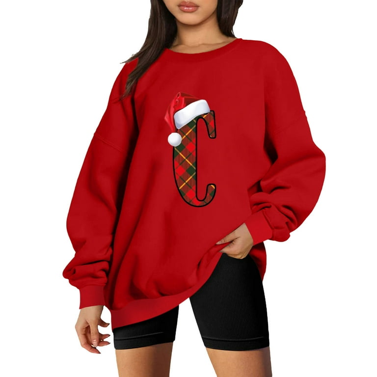 RQYYD Women's Oversized Fleece Sweatshirts Cute Plaid C Letter Print Casual  Long Sleeve Pullover Tops Loose Lightweight Fall Winter Clothes Red L 