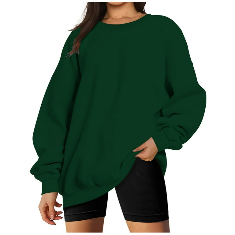 RQYYD Women's Oversized Fleece Sweatshirts Long Sleeve Crew Neck Pullover  Sweatshirt Solid Color Casual Loose Hoodies Tops (Dark Green,XL)