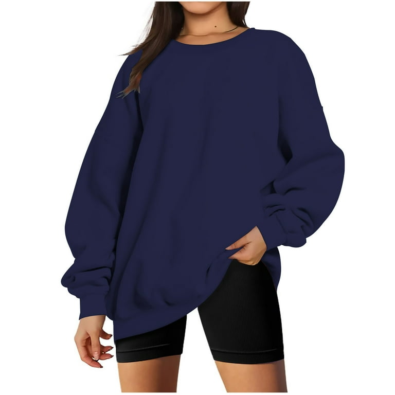 RQYYD Women s Oversized Fleece Sweatshirts Long Sleeve Crew Neck Pullover Sweatshirt Solid Color Casual Loose Hoodies Tops Navy L