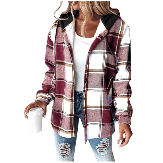 RQYYD Women's Plaid Flannel Plaid Shacket Button Up Hooded Long Sleeve Fleece Jacket Winter Coat with Side Pockets
