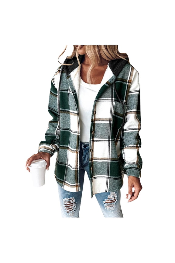 Women's Plaid Flannel Plaid Shacket Button Up Hooded Long Sleeve Fleece Jacket Winter Coat with Side Pockets