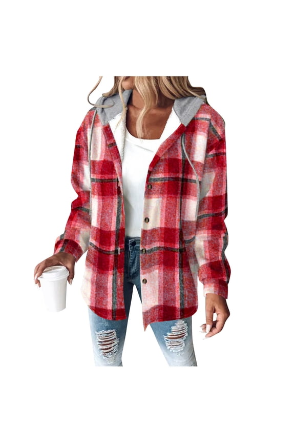Women's Plaid Flannel Plaid Shacket Button Up Hooded Long Sleeve Fleece Jacket Winter Coat with Side Pockets
