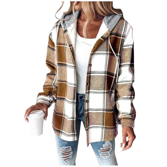 RQYYD Women's Plaid Flannel Plaid Shacket Button Up Hooded Long Sleeve Fleece Jacket Winter Coat with Side Pockets