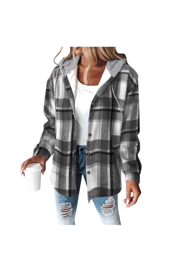 Women's Plaid Flannel Plaid Shacket Button Up Hooded Long Sleeve Fleece Jacket Winter Coat with Side Pockets
