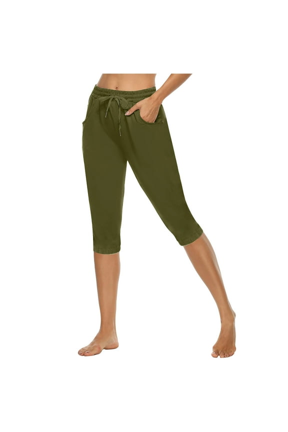 Women's Plus Size Active Yoga Lounge Indoor Jersey Capri Walking Crop Pants with Pockets Drawstring 2024