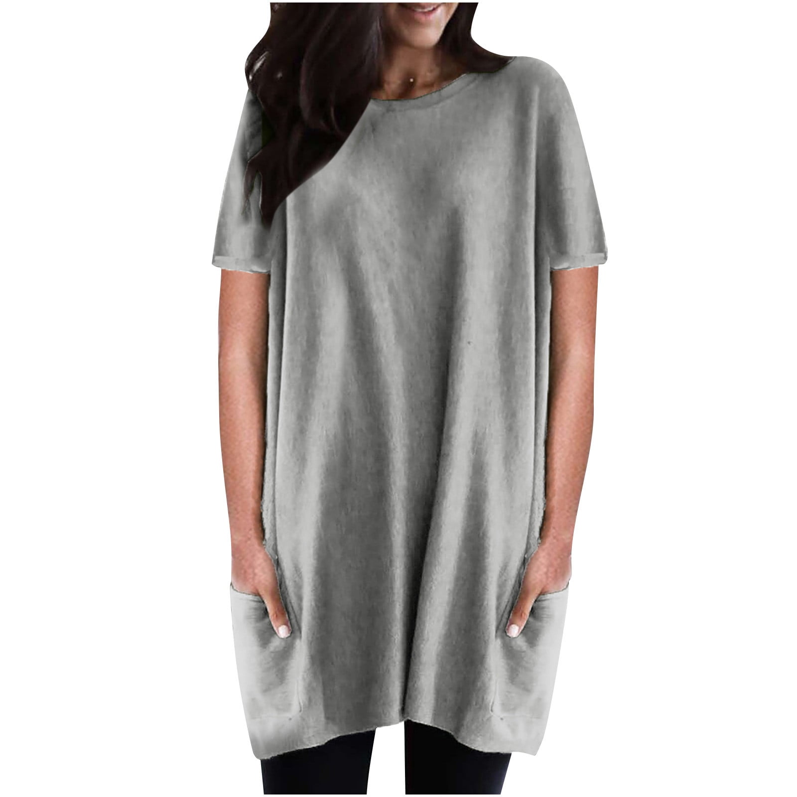 RQYYD Women's Plus Size Tops Summer Short Sleeve Crewneck Long Tunic Tops  Casual Solid Oversized Shirt Blouse to wear with leggings with Pockets(Gray,3XL)  