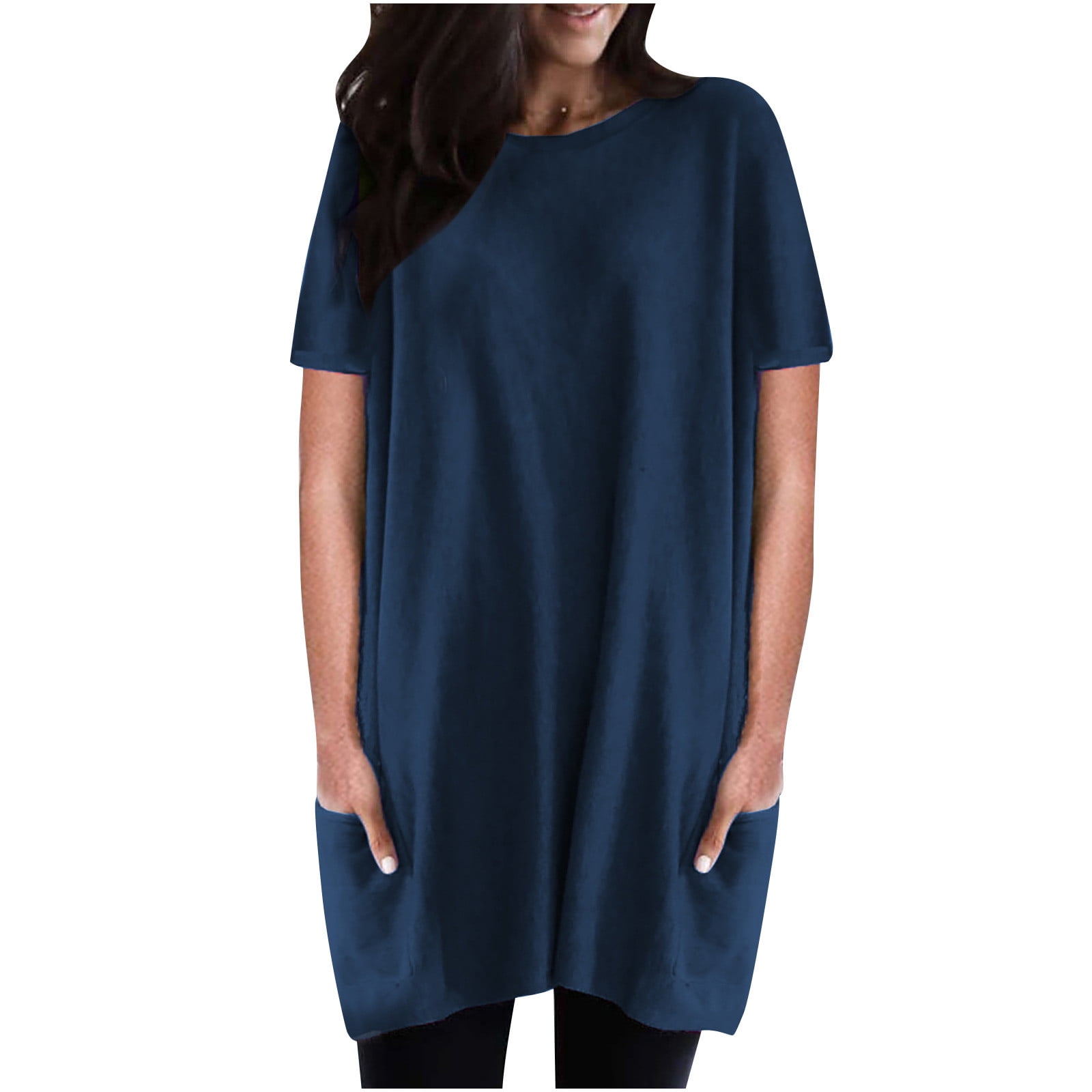 RQYYD Women's Plus Size Tops Summer Short Sleeve Crewneck Long Tunic Tops  Casual Solid Oversized Shirt Blouse to wear with leggings with Pockets(Navy,M)  