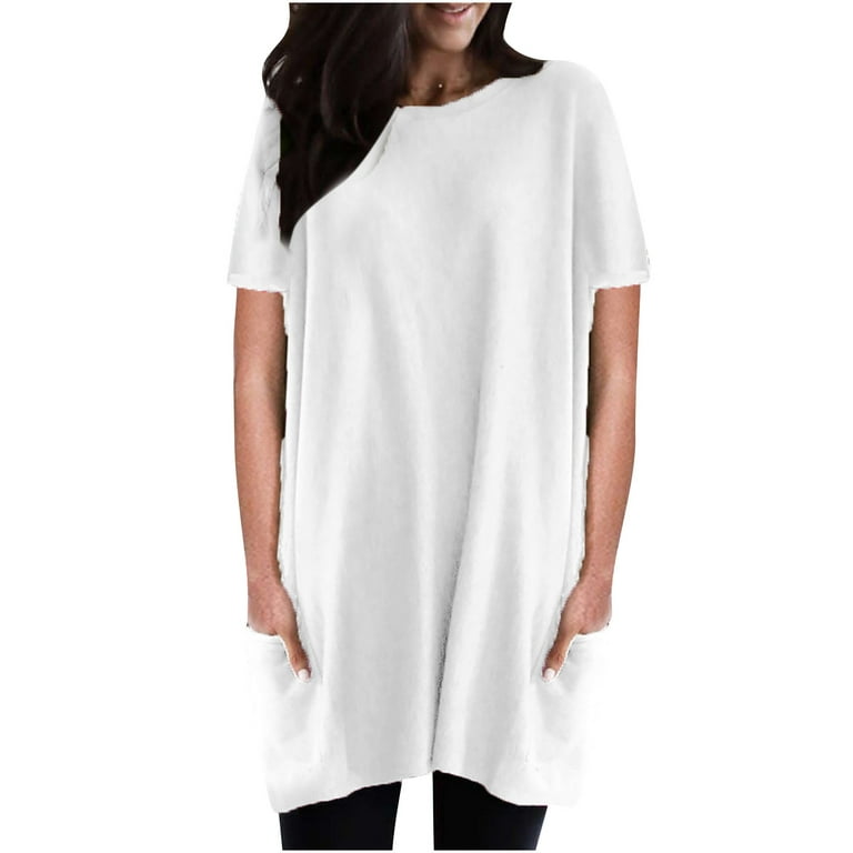 RQYYD Women's Plus Size Tops Summer Short Sleeve Crewneck Long Tunic Tops  Casual Solid Oversized Shirt Blouse to wear with leggings with