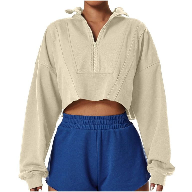 RQYYD Women's Casual Cropped Hoodie Long Sleeves Drawstring Sweatshirts  Cute Loose Pullover Workout Crop Tops 