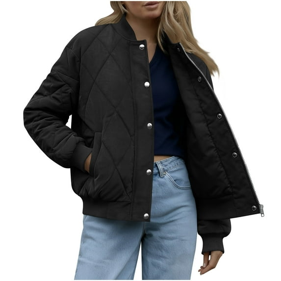 RQYYD Women's Quilted Bomber Jacket Fall Fashion Lightweight Cropped Zip up Outerwear Winter Puffer Coats Pockets