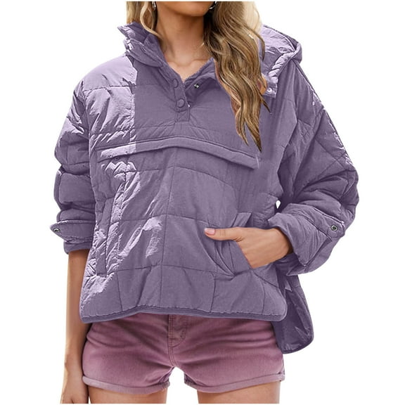 RQYYD Women's Quilted Pullover Puffer Jacket Oversized Long Sleeve Hooded Coats Winter Warm Lightweight Outwear with Pocket