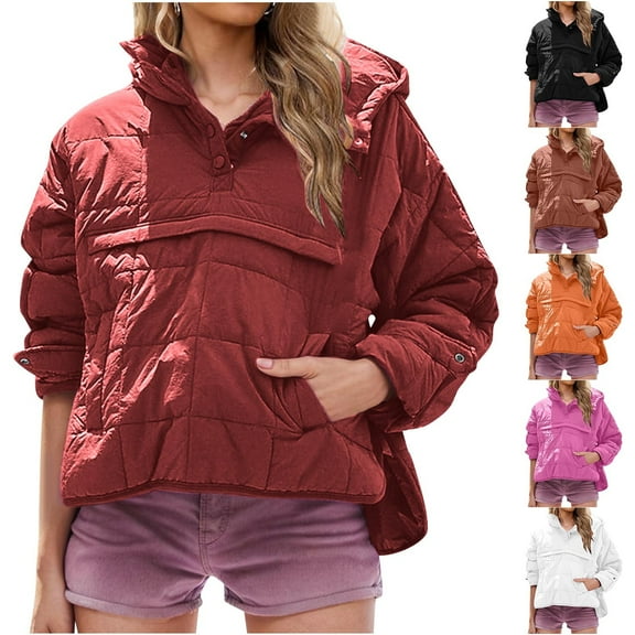RQYYD Women's Quilted Pullover Puffer Jacket Oversized Long Sleeve Hooded Coats Winter Warm Lightweight Outwear with Pocket