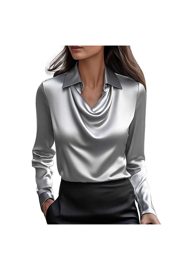 Women's Satin Silky Cowl Neck Drape Ruched Front Long Sleeve Blouse Shirt Top Casual Dressy Loose Clothing