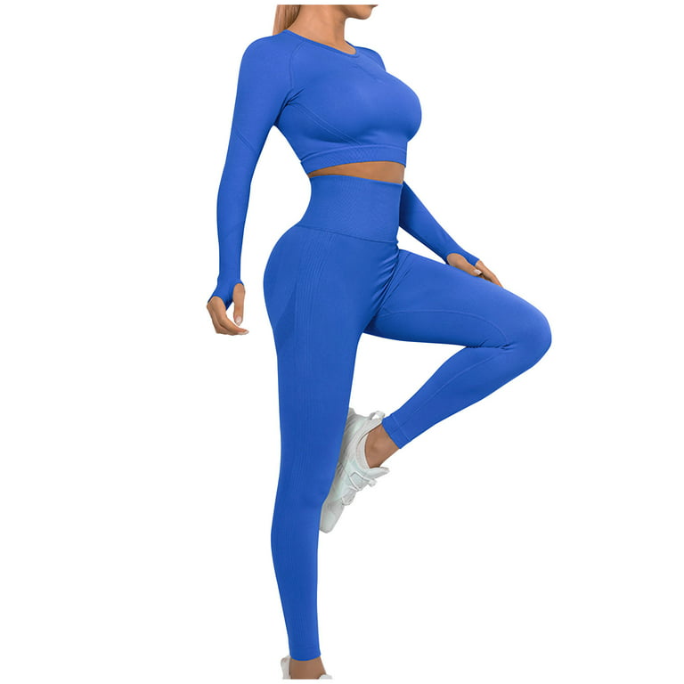 RQYYD Women's Seamless 2 Piece Outfits Workout Long Sleeve Crop Top Tummy  Control High Waist Yoga Legging Sets Blue M
