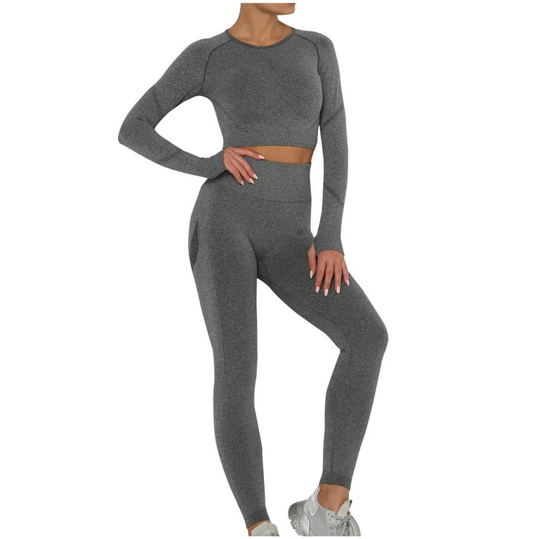 RQYYD Women's Seamless 2 Piece Outfits Workout Long Sleeve Crop Top Tummy  Control High Waist Yoga Legging Sets Dark Gray S 