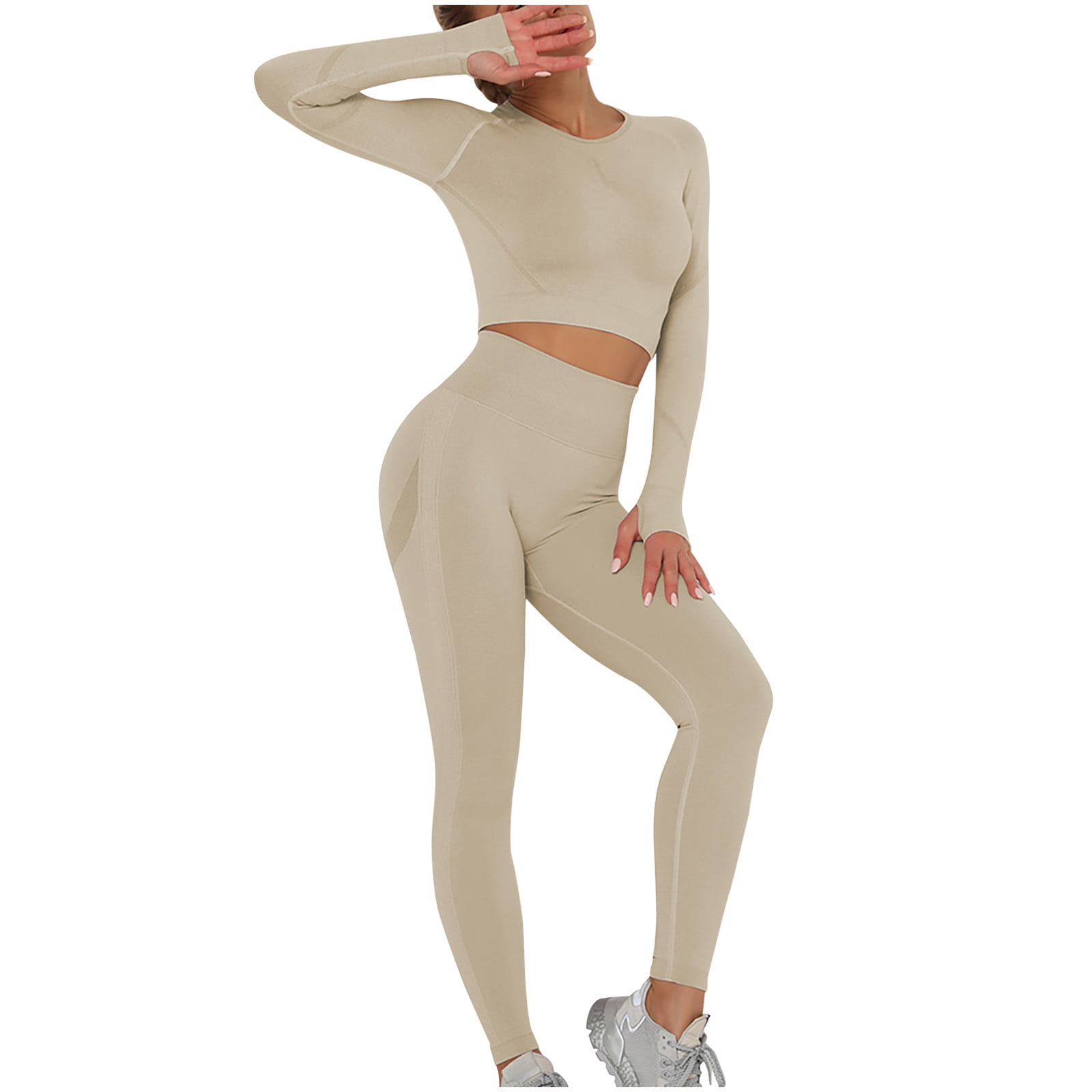 RQYYD Women's Seamless 2 Piece Outfits Workout Long Sleeve Crop Top Tummy  Control High Waist Yoga Legging Sets Khaki L 