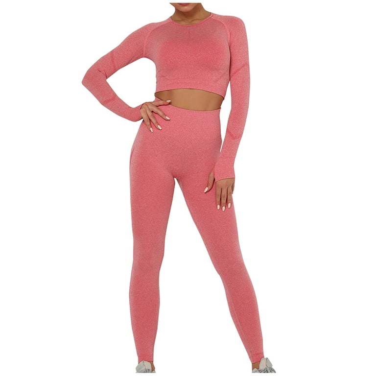 RQYYD Women's Seamless 2 Piece Outfits Workout Long Sleeve Crop Top Tummy  Control High Waist Yoga Legging Sets Watermelon Red M