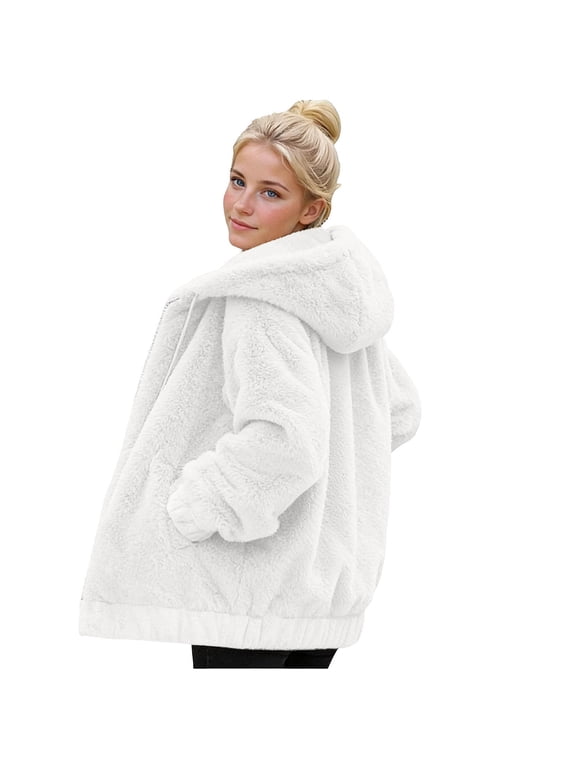 Women's Sherpa Lined Fleece Hooded Jacket Oversized Zip-Up Winter Coat Warm Cozy Casual Outerwear with Pockets