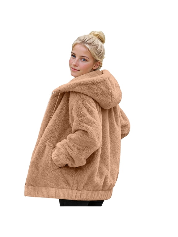 Women's Sherpa Lined Fleece Hooded Jacket Oversized Zip-Up Winter Coat Warm Cozy Casual Outerwear with Pockets