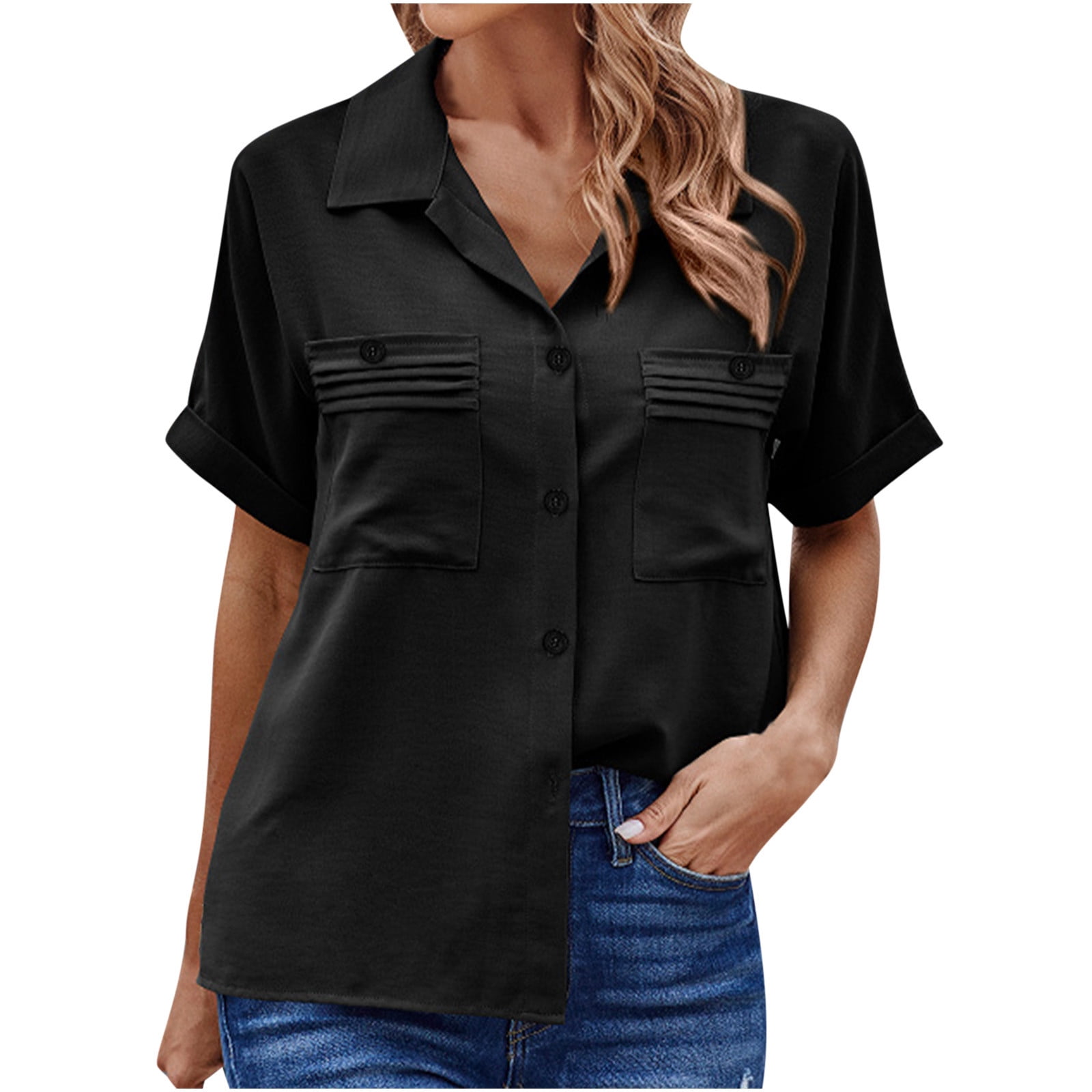 Womens black button down shirt short sleeve cheap
