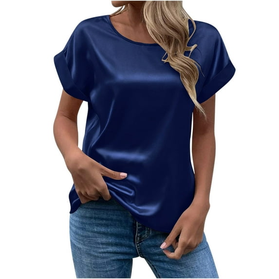 RQYYD Women's Short Sleeve Satin Blouses Casual Loose Crewneck Silk Shirts Summer Roll Up Sleeve Tunic Tops(Navy,L)