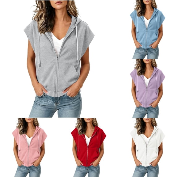RQYYD Women's Short Sleeve Zip Up Hoodie Drawstring Oversized Casual Lightweight Pockets