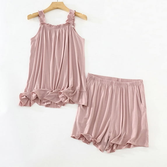 RQYYD Women's Shorts Pajama Set Solid Color Cotton Sleeveless Tank Tops Sleepwear Nightwear Pjs