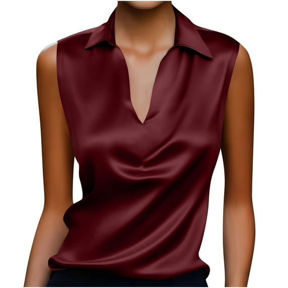RQYYD Women's Silk Satin Tank Top Lapel V Neck Sleeveless Blouse Summer Basic Casual Office Work Shirt