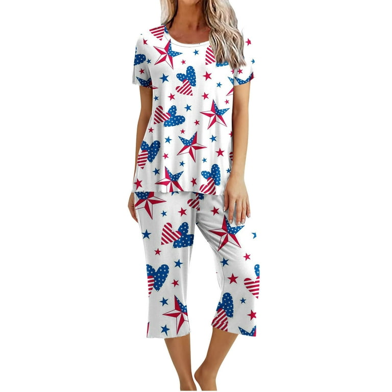RQYYD Women's Sleepwear Tops with Capri Pants Pajama Sets American Flag  Print 4th of July Lounge Set Summer Pajamas Sets Loungewear 