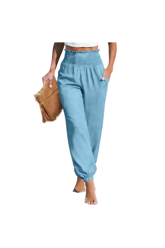 Women's Smocked High Waist Jogger Pants with Cuffed Ankles Casual Beach Trousers for Summer Vacation Wear