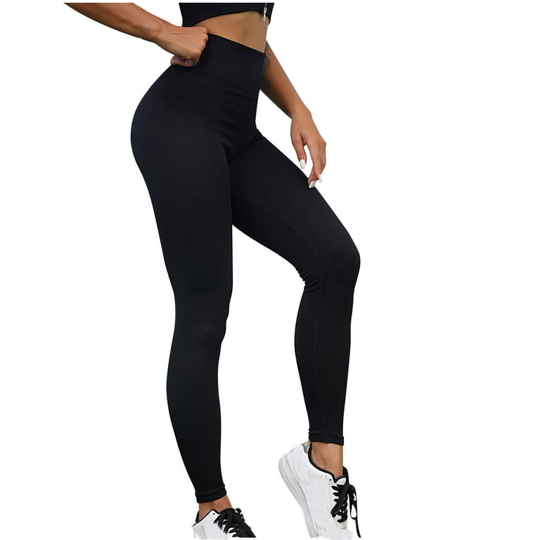 RQYYD Women's Solid Workout Ribbed Seamless Leggings High Waist Scrunch  Butt Lifting Gym Yoga Pants Black L