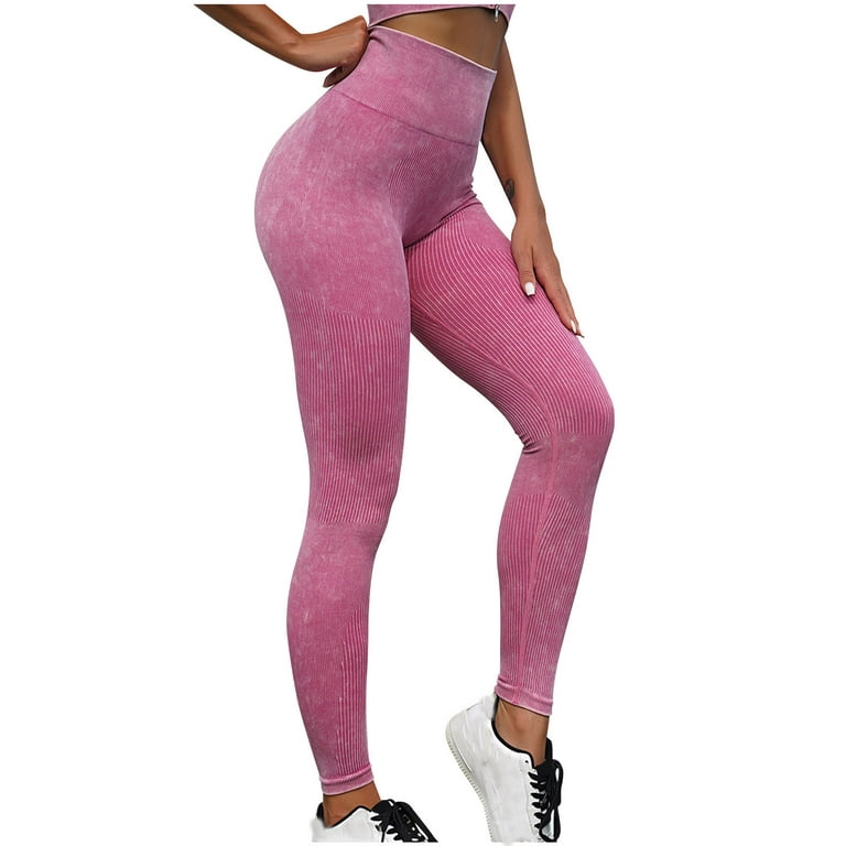 RQYYD Women's Solid Workout Ribbed Seamless Leggings High Waist Scrunch  Butt Lifting Gym Yoga Pants Hot Pink L 