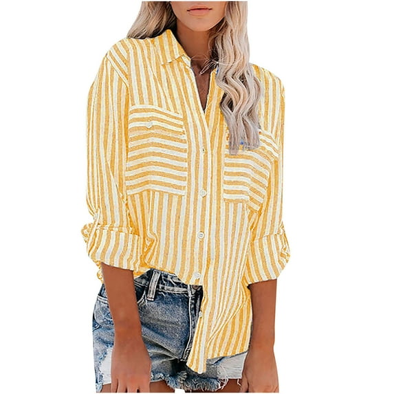 RQYYD Women's Striped Button Down Shirts Casual Long Sleeve Stylish V Neck Blouses Tops Casual Office Clothes with Pockets