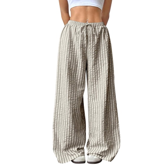 RQYYD Women's Striped Wide Leg Casual Pants Oversized Drawstring Waist Baggy Trousers