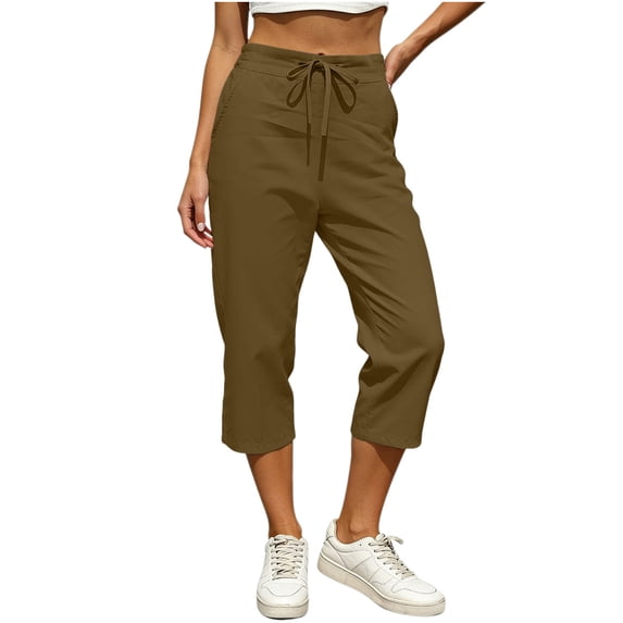 RQYYD Women's Summer Cropped Capri Pants Drawstring Waist Casual Lightweight Trousers with Pockets for Women