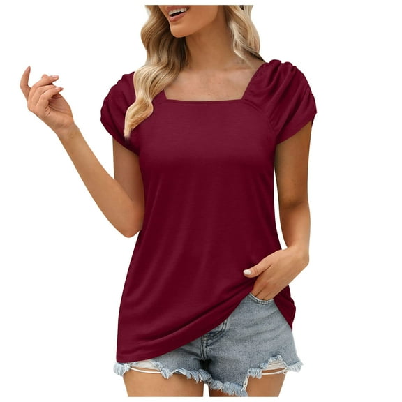 RQYYD Women's Summer Pleated Puff Short Sleeve Tunic Tops Casual Solid Square Neck Shirts Loose Fit Dressy Blouse(Wine,L)