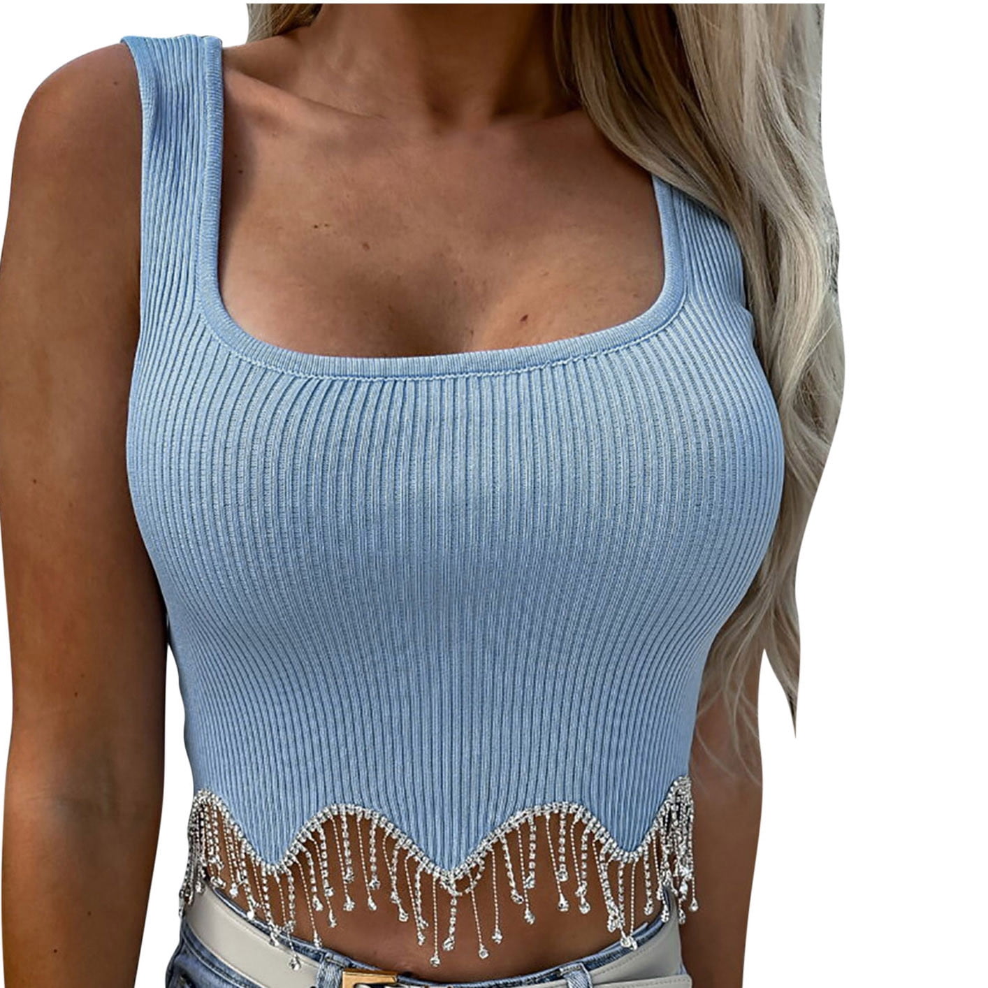 RQYYD Women's Summer Ribbed Knit Rhinestone Tassels Tank Top Sleeveless  Square Neck Asymmetric Hem Crop Tops Vest Casual Slim Fit Camisole(Sky  Blue,M)