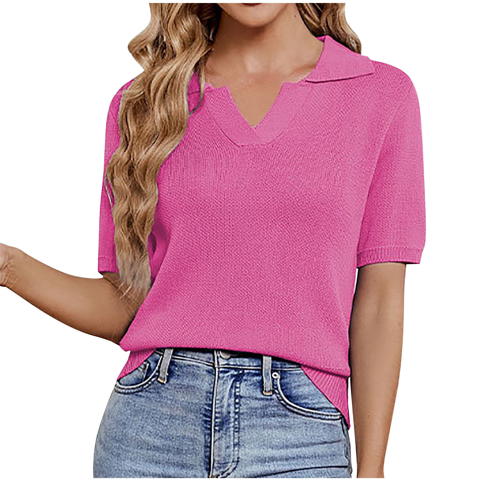 RYRJJ Women Twist Front Deep V-Neck Blouse Shirt Short Sleeve Elegant  Casual T-Shirt Loose Flowy Solid Color Tunic Tops Hot Pink 3XL 