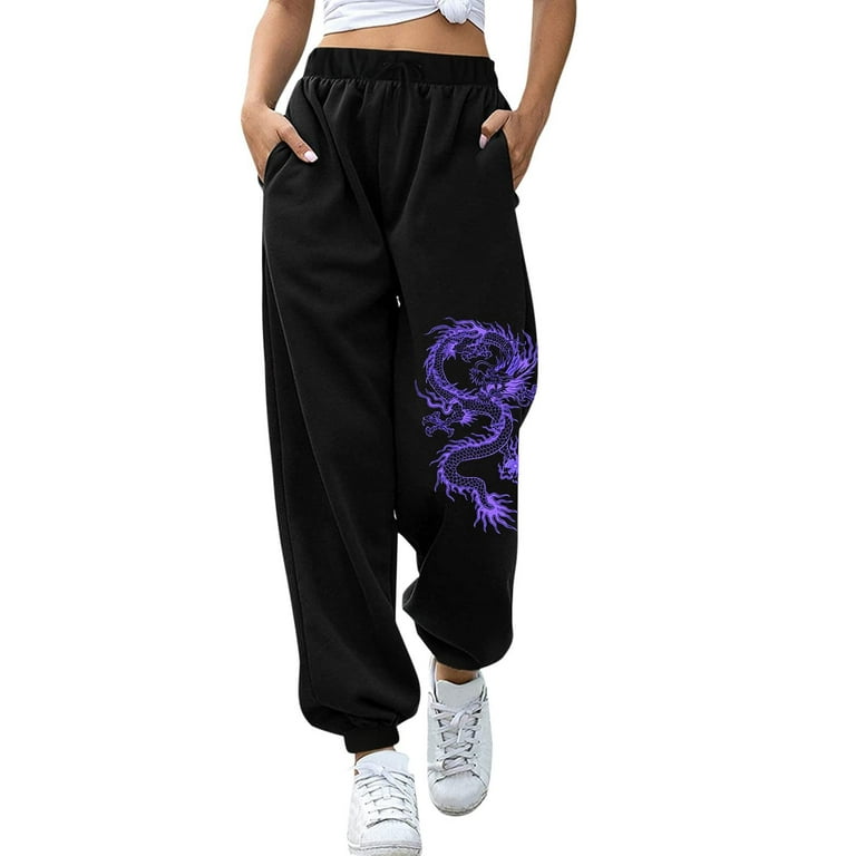 RQYYD Women's Sweatpants with Pocket, Women Active Baggy Sweatpants Workout  Loose Fit Joggers Dragon Skeleton Elk Print Comfy Running Pants (Purple,M)  