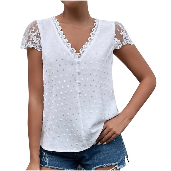RQYYD Women's Swiss Dots Tops Summer Solid Color V Neck Lace Short Sleeve Button Down Shirt Casual Comfy Blouse(White,L)