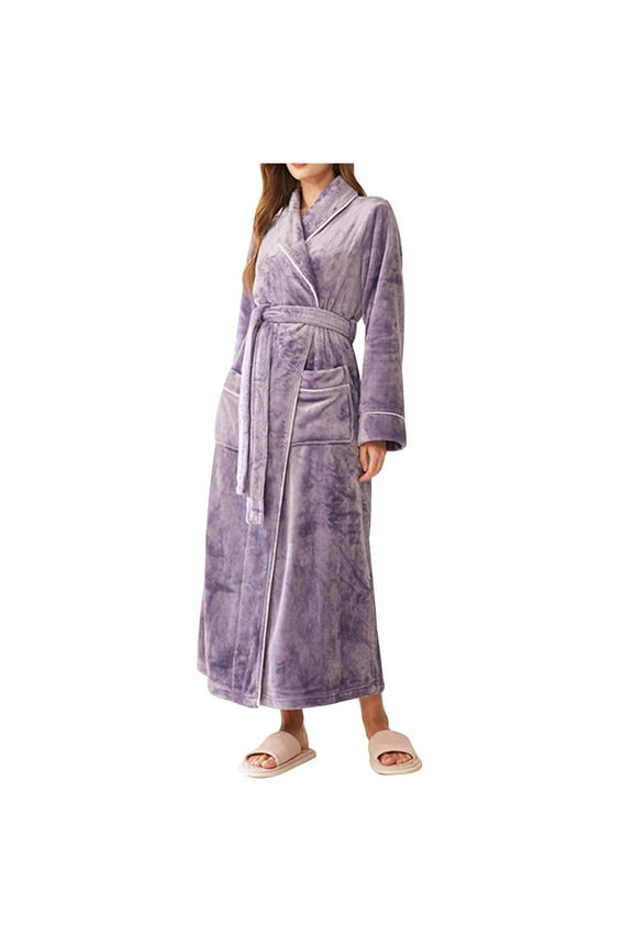 Women's Terry Cloth Robe Cozy Shawl Collar Plush Long Bathrobe Warm Kimono Shower SPA Bath Robe with Pocket