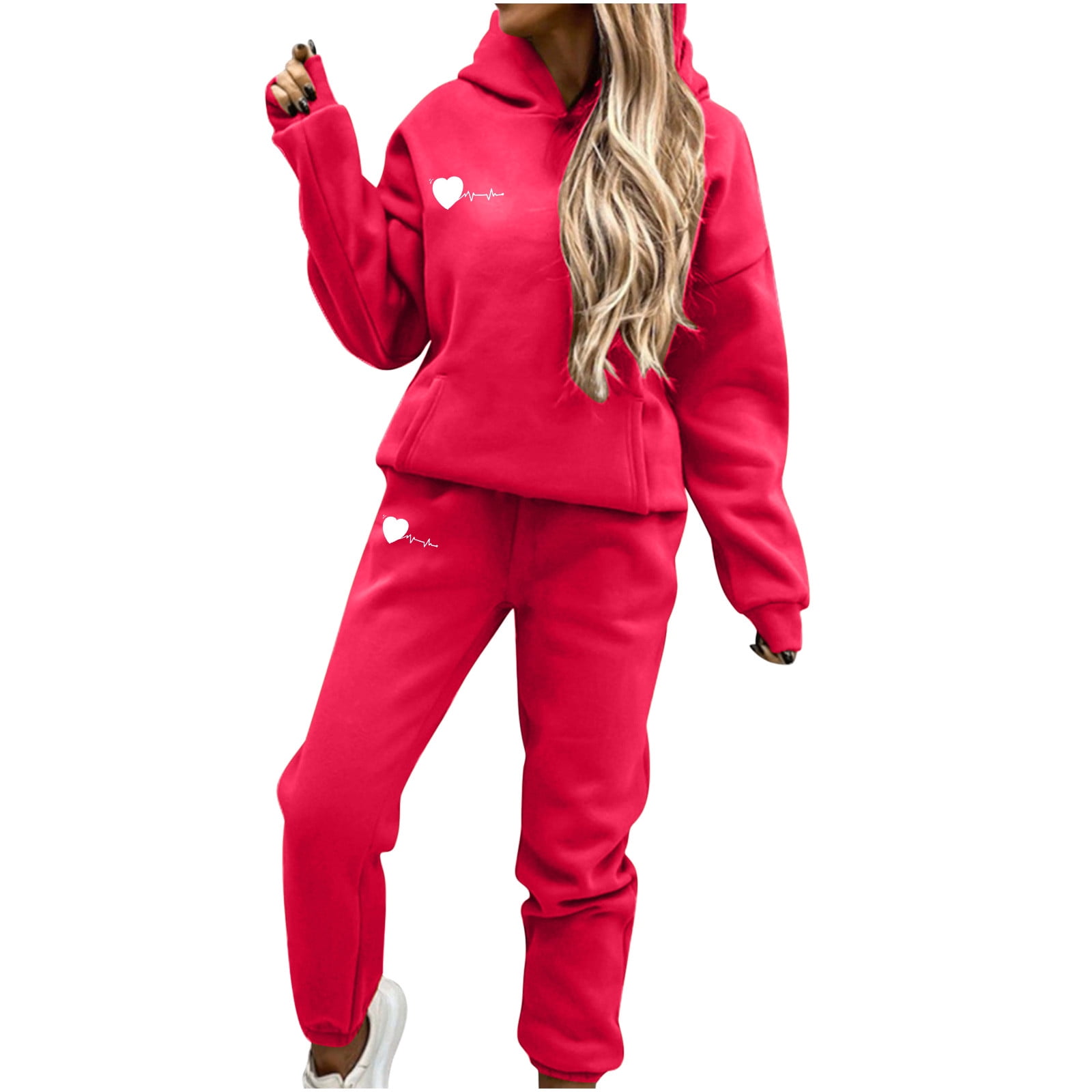 RQYYD Women s Two Piece Outfits Sweatsuit Long Sleeve Hooded Sweatshirt and Sweatpants Workout Athletic Tracksuits Valentine s Day Loungewear Red S